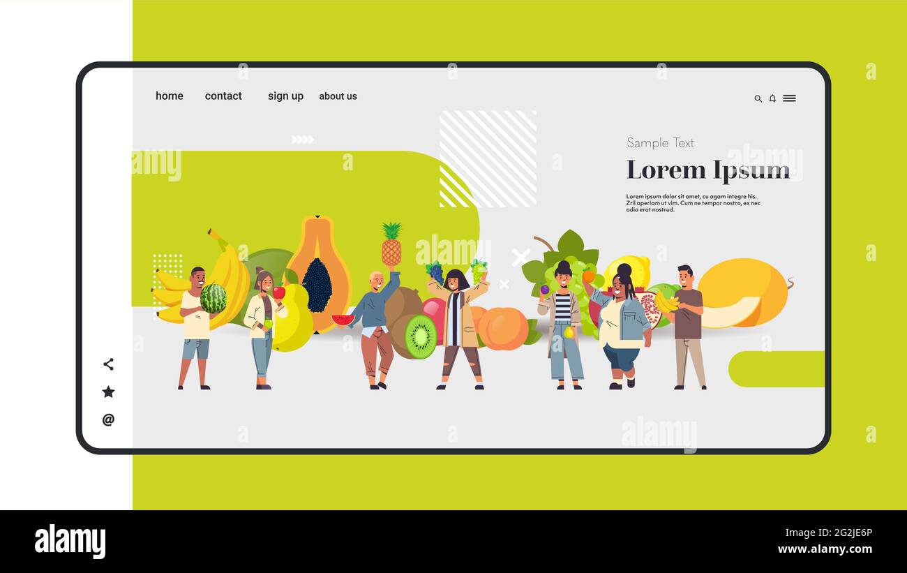 mix razza persone che tengono diversi frutti tropicali sano eco stile di vita vegan concetto di cibo uomini donne gruppo in piedi insieme a lunghezza intera copia spazio Illustrazione Vettoriale