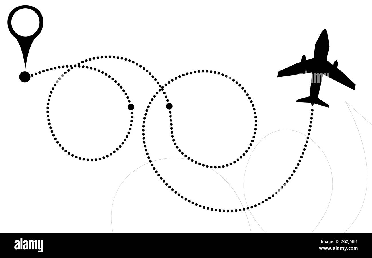 Percorso della linea aerea del percorso di volo aereo con punto di partenza, rendering 3D Foto Stock