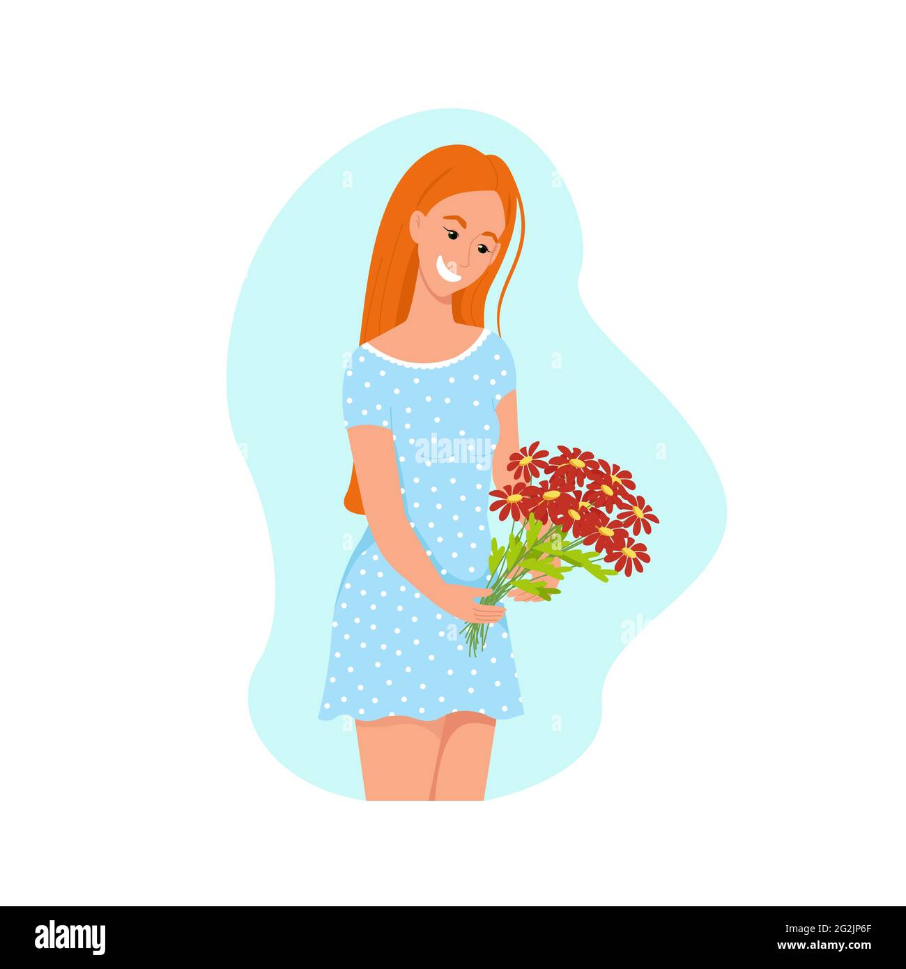 Ragazza con un bouquet di fiori in mano, una giovane donna in un vestito blu e capelli rossi, un uomo felice. Carattere vettoriale in stile piatto, cartone animato Illustrazione Vettoriale