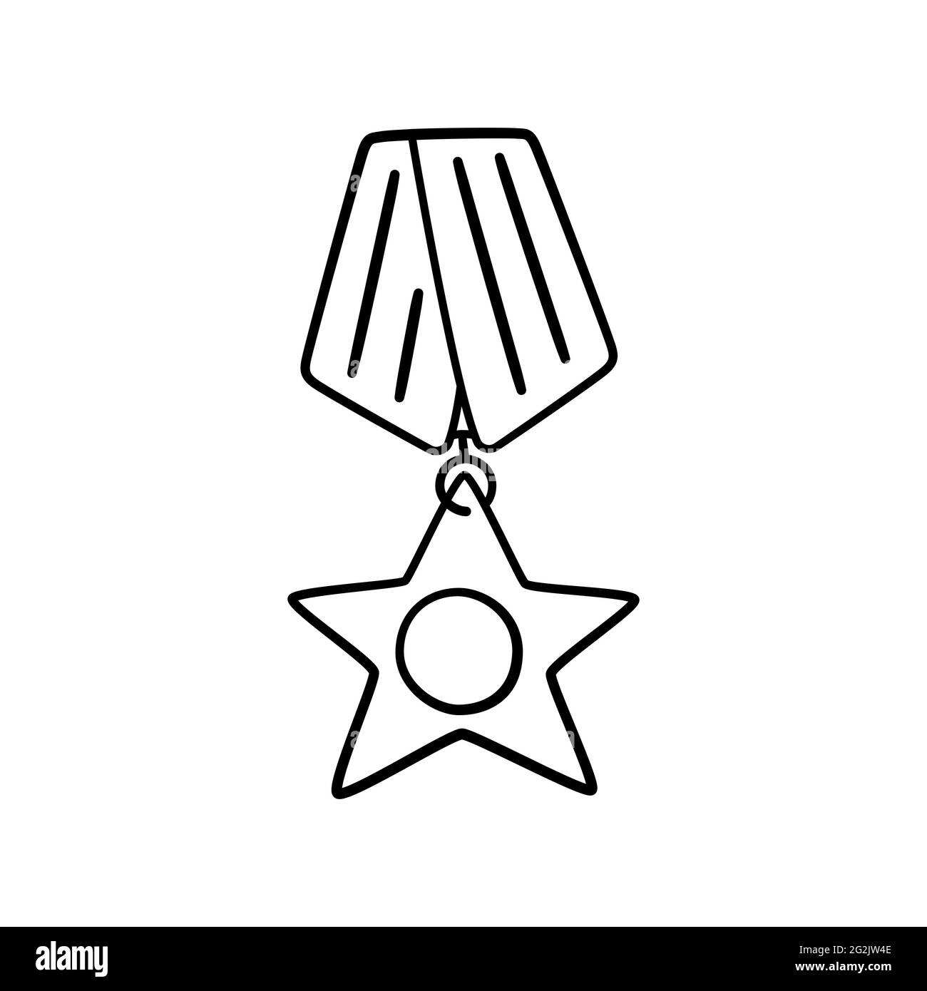 Medaglia militare disegnata a mano con stella. I bambini che disegnano il premio di guerra. Illustrazione vettoriale in stile doodle su sfondo bianco Illustrazione Vettoriale