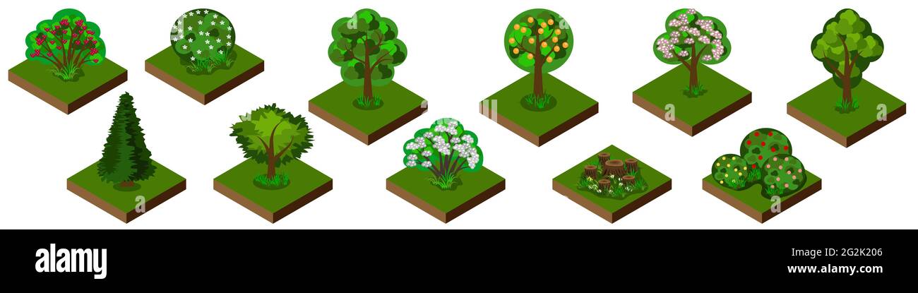 Parco isometrico o giardino. Alberi, cespugli e arbusti con erba e fiori. Piastrelle isolate per sfondo e scene di gioco o cartoni animati. Illustrazione Vettoriale