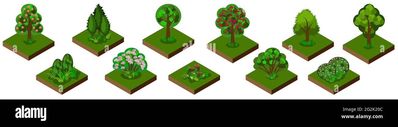 Parco isometrico o giardino. Alberi, cespugli e arbusti con erba e fiori. Piastrelle isolate per sfondo e scene di gioco o cartoni animati. Illustrazione Vettoriale