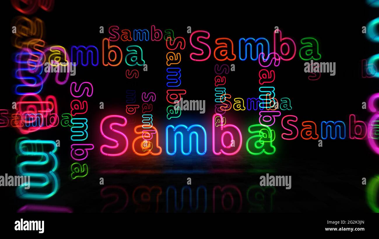 Simbolo Samba simbolo neon. Lampadine di colore chiaro con Brasile Rio de Janeiro segno festa di danza. Illustrazione 3d del concetto astratto. Foto Stock