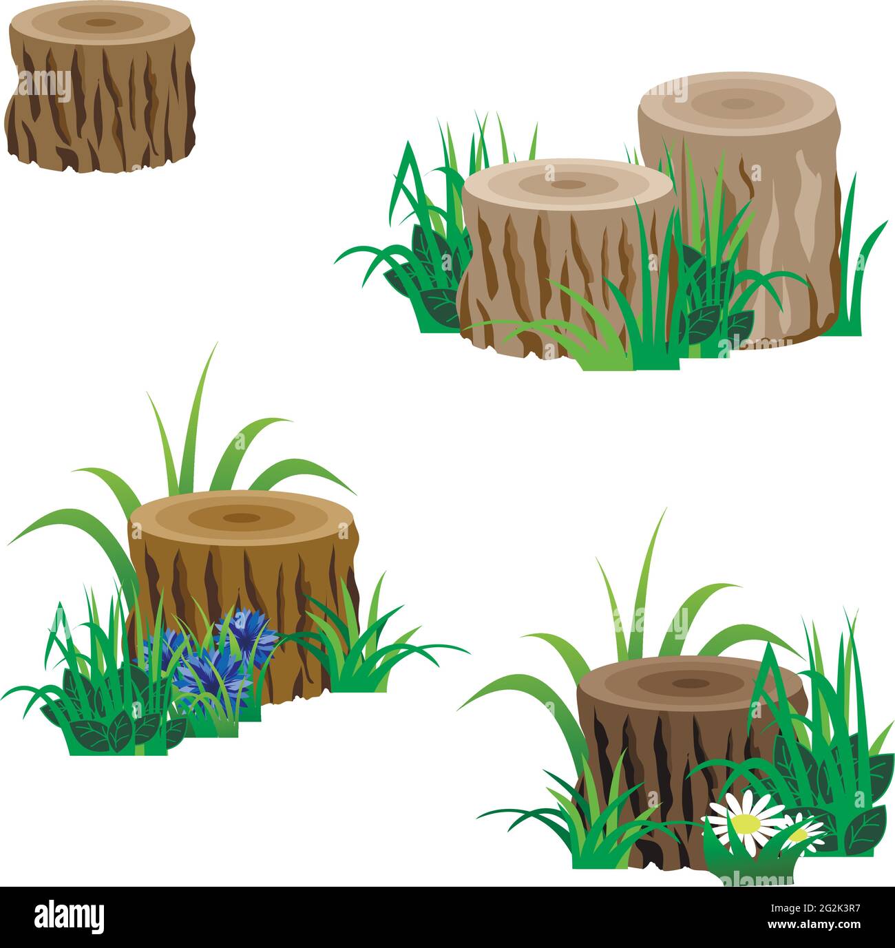 Insieme di tree stub in erba e fiori isolati. Elementi per scenografia orizzontale. Può essere utilizzato come risorsa di gioco. Illustrazione vettoriale Illustrazione Vettoriale