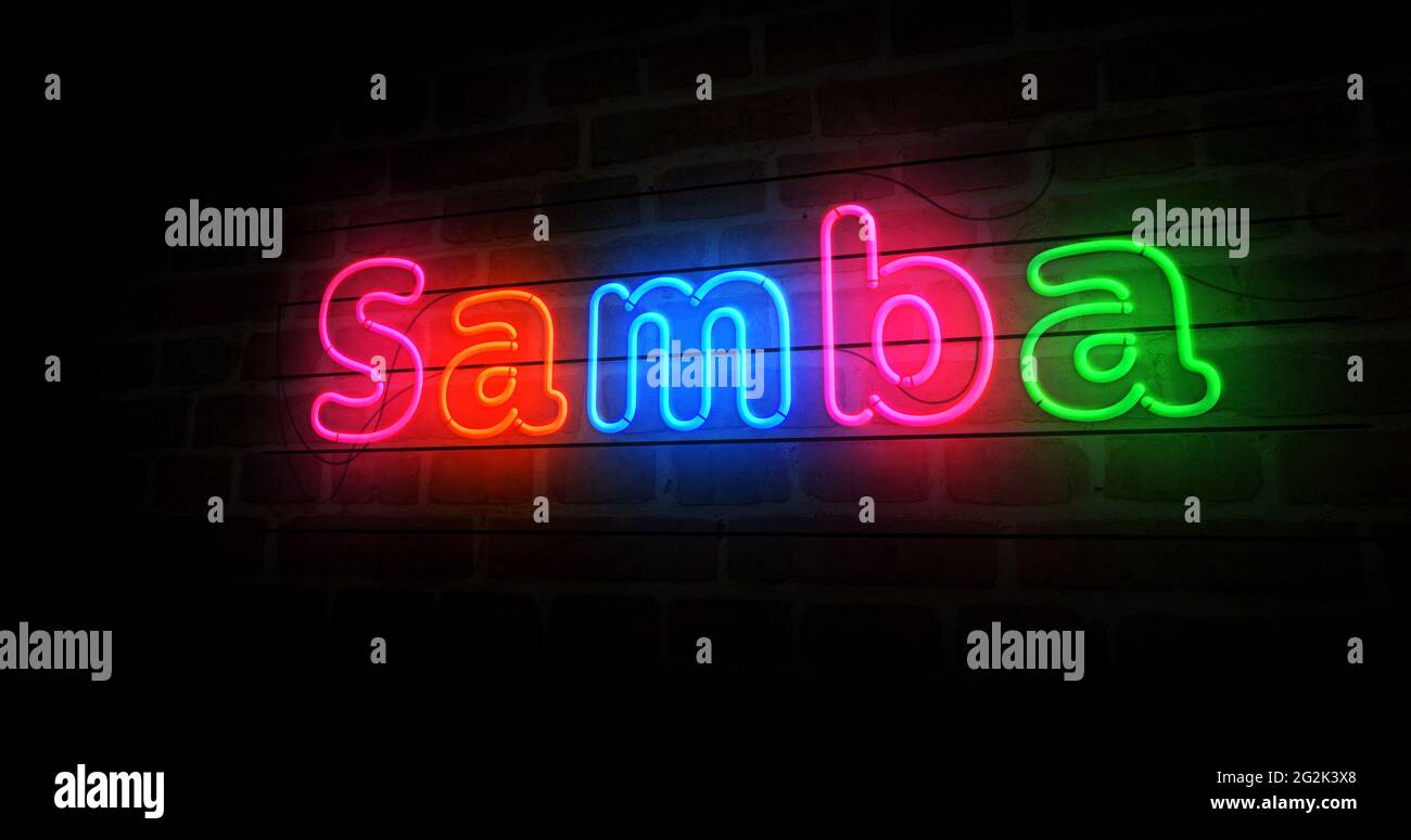 Simbolo Samba simbolo neon. Lampadine di colore chiaro con Brasile Rio de Janeiro segno festa di danza. Illustrazione 3d del concetto astratto. Foto Stock