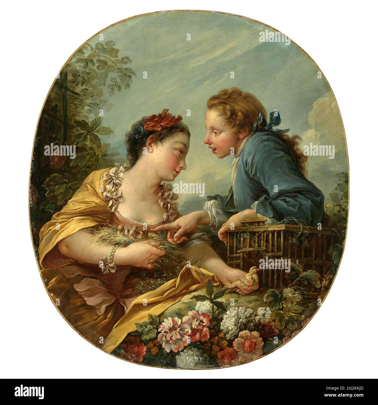 François Boucher - una giovane donna e giovani posizionare gli uccelli giovani in una gabbia il Nes uccello Foto Stock