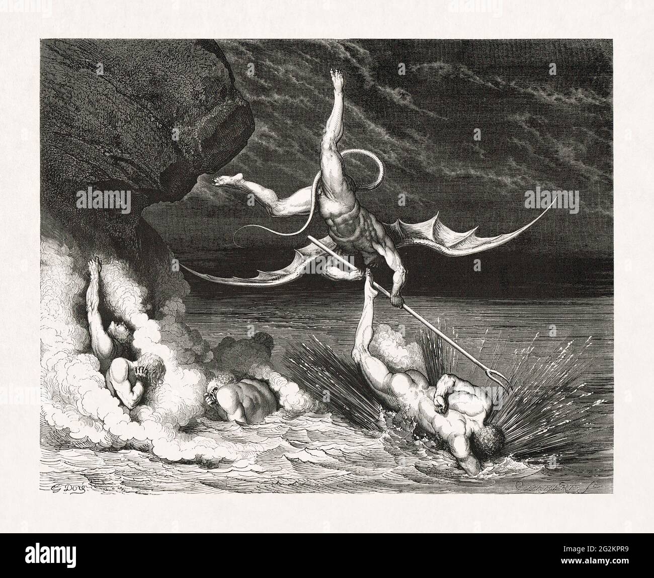 Disegno di Ciampolo in fuga dal demone Alichino realizzato nel 1857 da Gustave Doré per illustrare una nuova edizione delle poesie epiche di Dante Alighieri originale Foto Stock