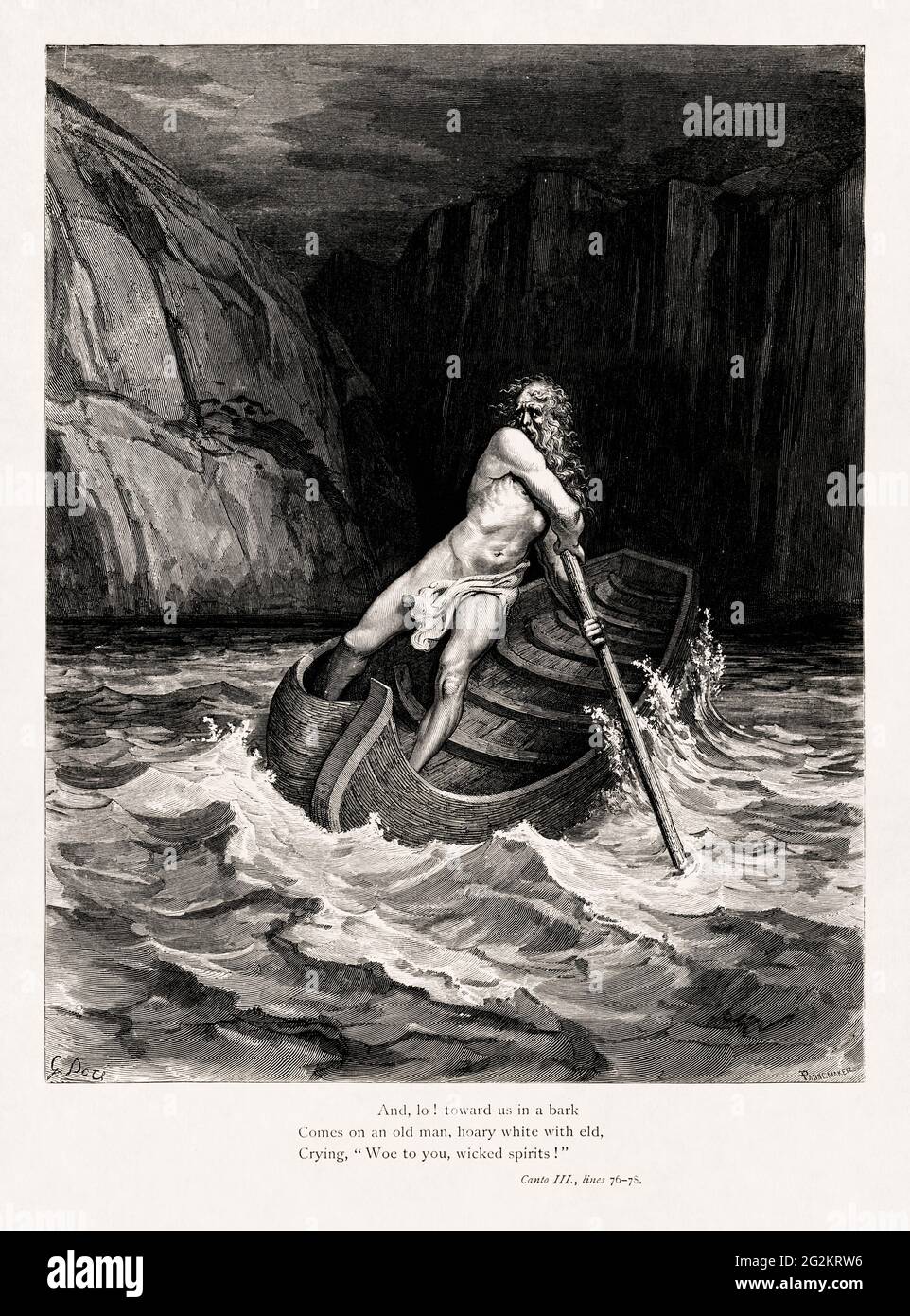 Disegno dell'arrivo di Charon realizzato nel 1857 da Gustave Doré per illustrare una nuova edizione delle poesie epiche di Dante Alighieri originariamente pubblicate in Foto Stock