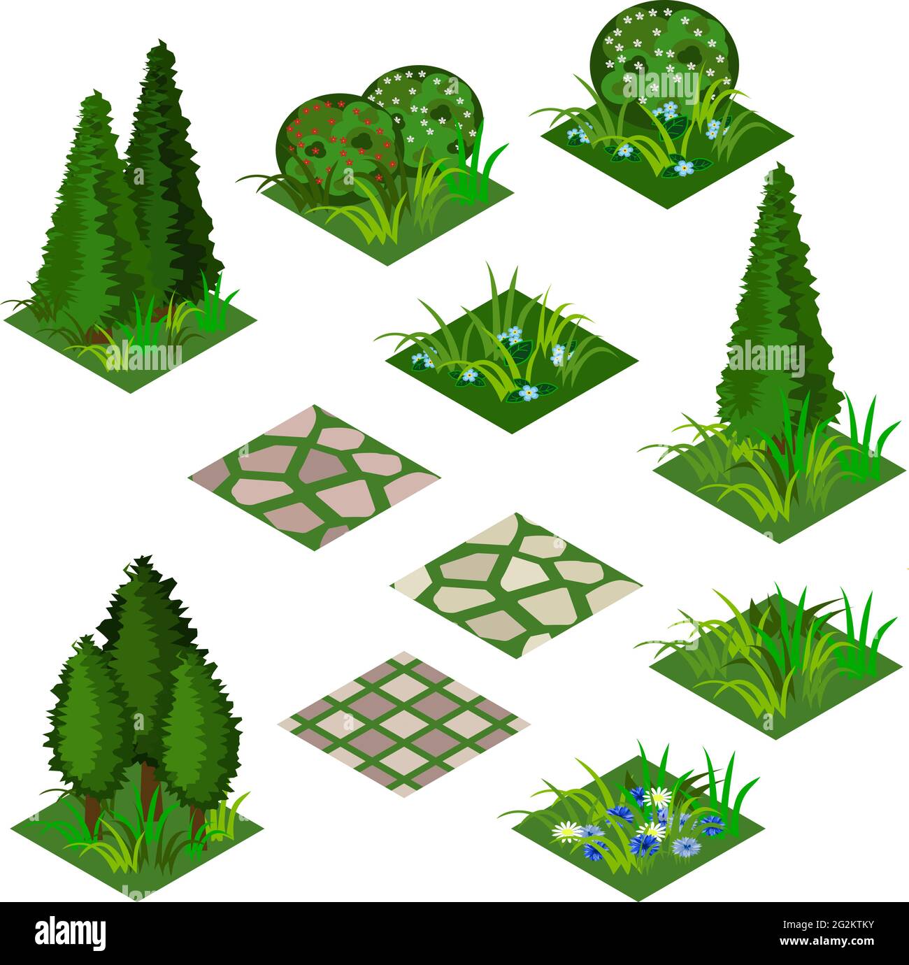 Set di piastrelle isometriche da giardino o da fattoria. Piastrelle isometriche isolate con erba, fiori, cespugli e alberi per progettare la scena del paesaggio giardino. Utilizzare in cartoon o. Illustrazione Vettoriale