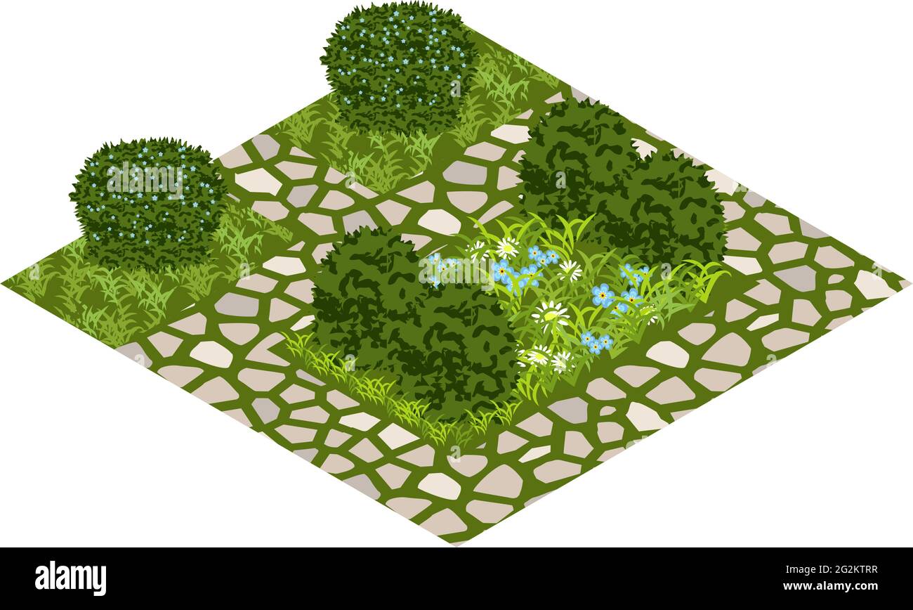 Bene vettore giardino con cespugli topiari, fiori, erba e strada lastricata. Set isometrico, illustrazione vettoriale. Può essere utilizzato per creare scene di giardino o. Illustrazione Vettoriale