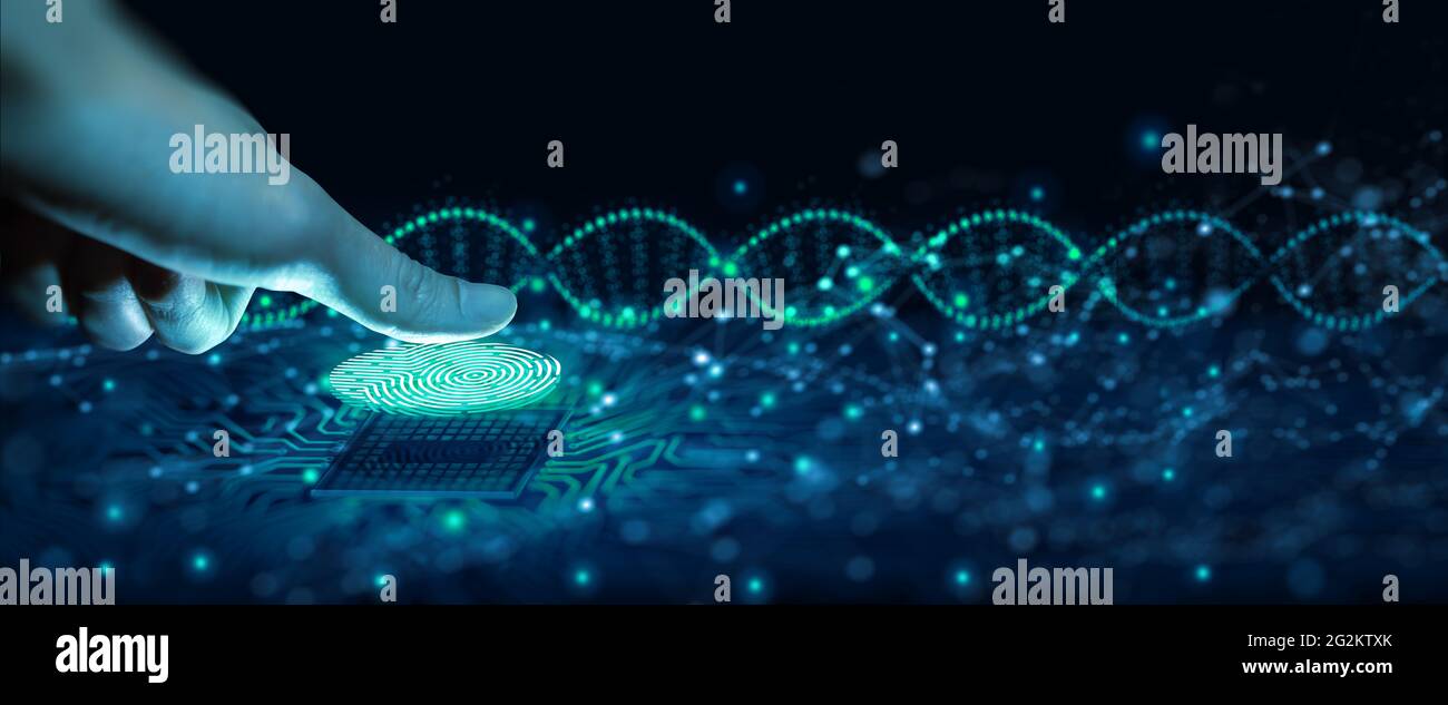 Uomo d'affari che utilizza la scansione delle impronte digitali. La scansione delle impronte digitali consente l'accesso con l'identificazione biometrica sulla convergenza digitale. Tecnologia, sicurezza. Foto Stock