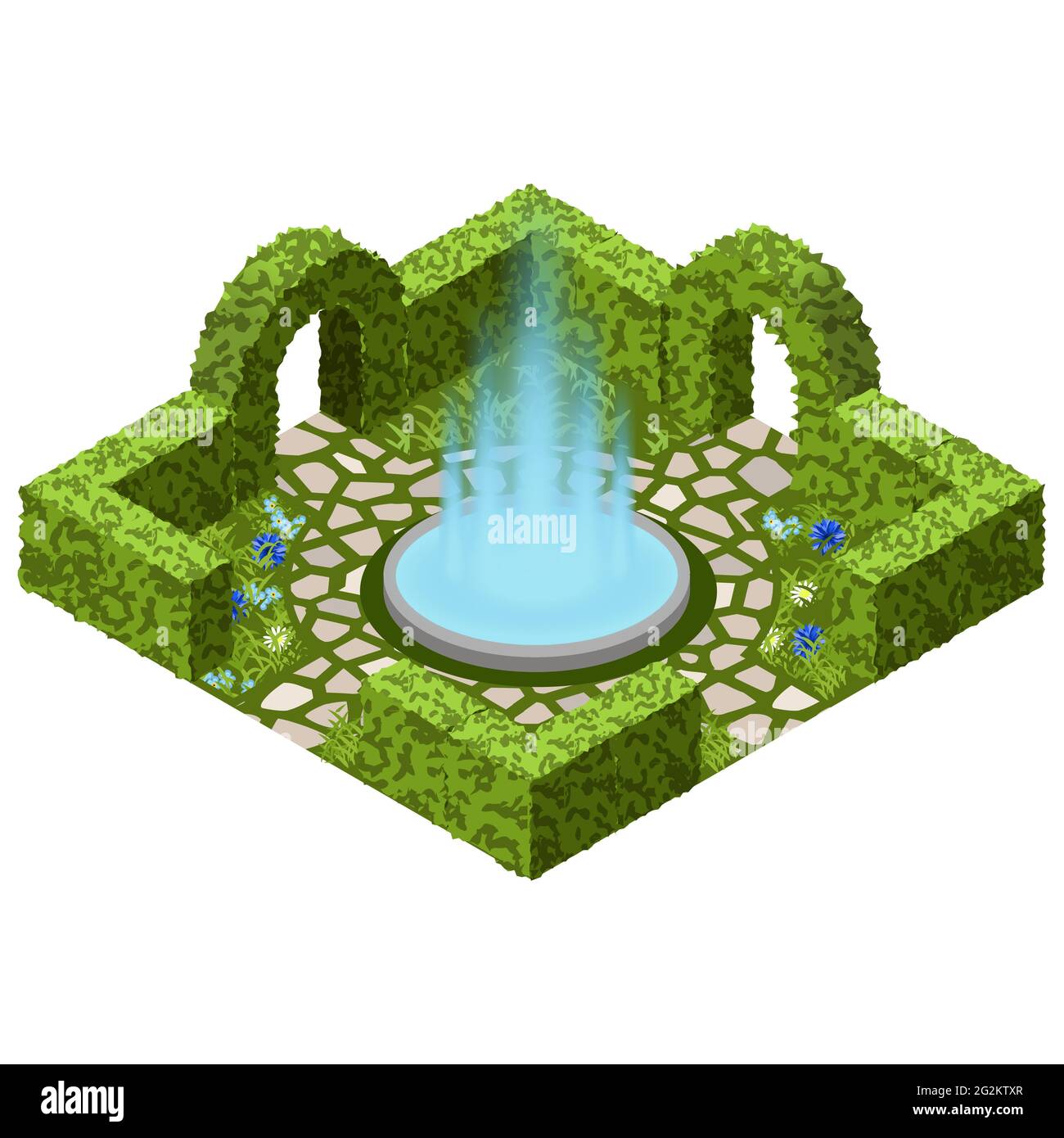 Paesaggio giardino con cespugli topiari, fiori e fontana da giardino. Vista isometrica, illustrazione vettoriale. Può essere utilizzato per la creazione di scene giardino i Illustrazione Vettoriale