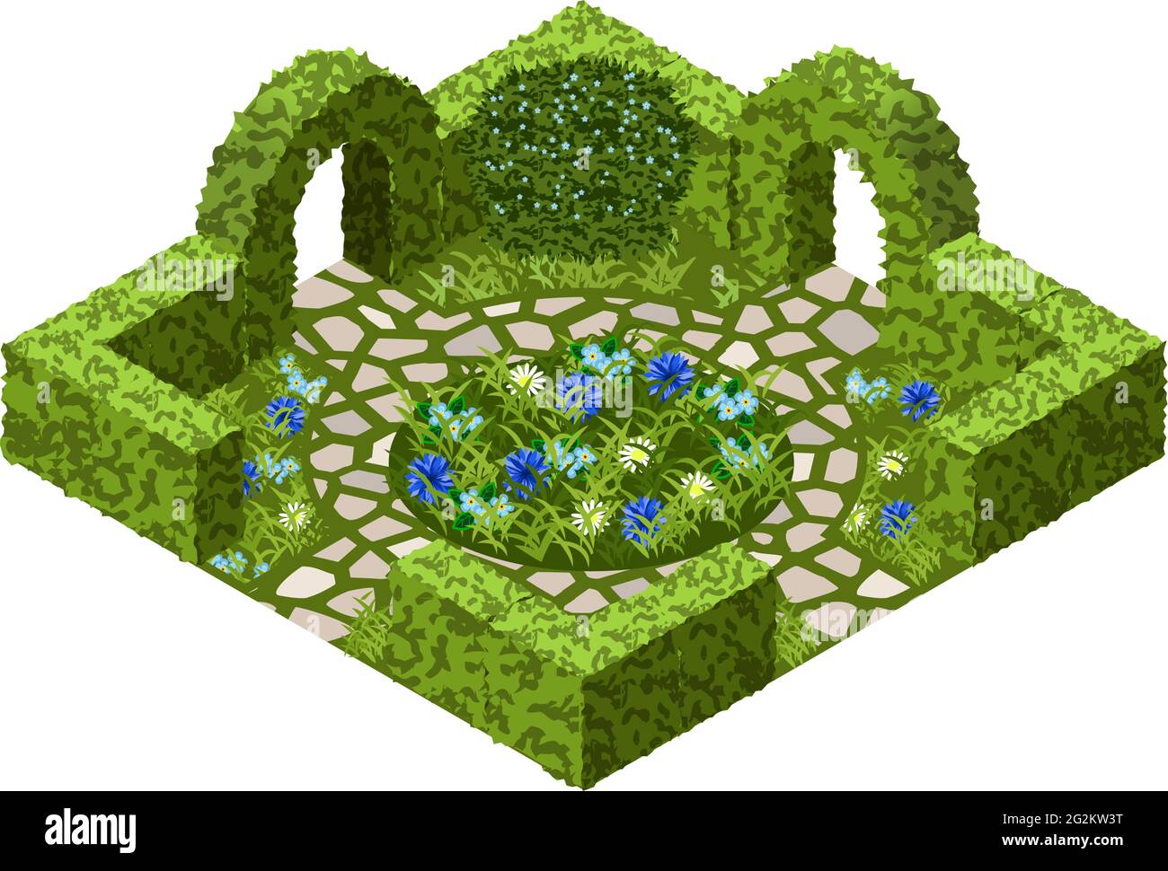 Bene vettore giardino con cespugli topiari, fiori, erba e strada lastricata. Set isometrico, illustrazione vettoriale. Può essere utilizzato per creare scene di giardino o. Illustrazione Vettoriale