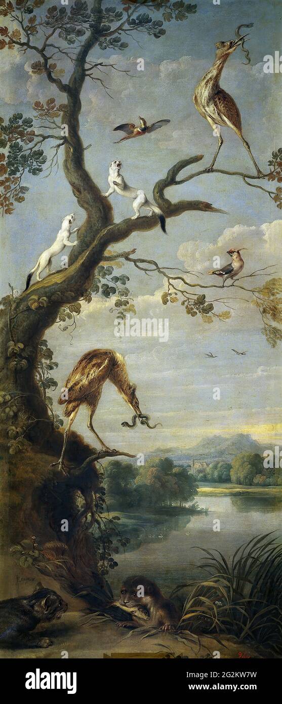 Frans Snyders - uccelli acquatici Otters Ermines e altri animali in un paesaggio Foto Stock