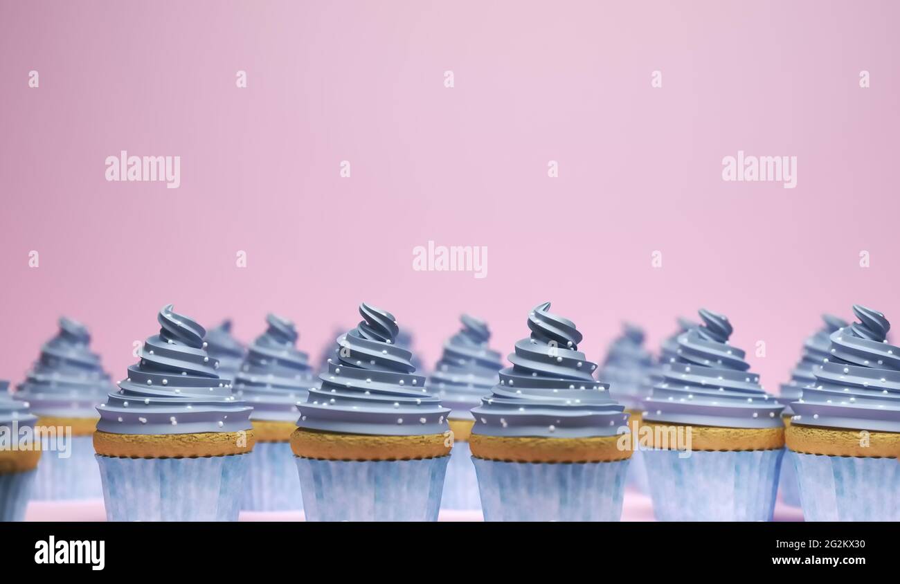 Cupcakes colorati su sfondo pastello, torta di compleanno, rendering 3d Foto Stock