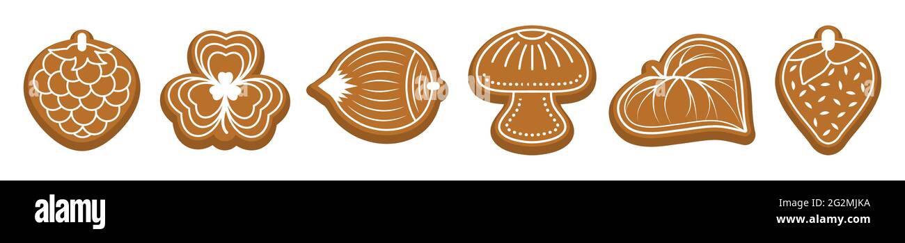 Biscotti allo zenzero, biscotti figurati con gelo di zucchero bianco. Funghi, noci, lampone, fragola, foglie. Dolce per Natale o vacanze. Illustrazione Vettoriale