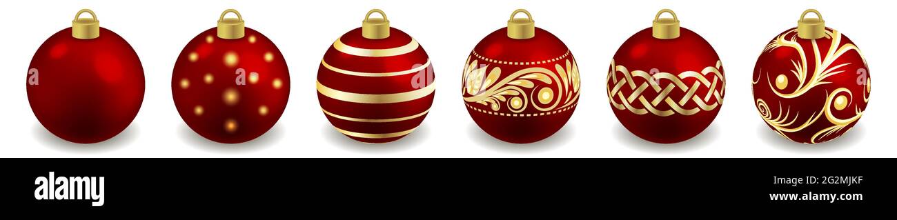 Set di palle di Natale isolate su bianco. Giocattoli per il disegno dell'albero di Natale o di nuovo anno, sfere rosse ornate con motivo dorato. Illustrazione vettoriale Illustrazione Vettoriale