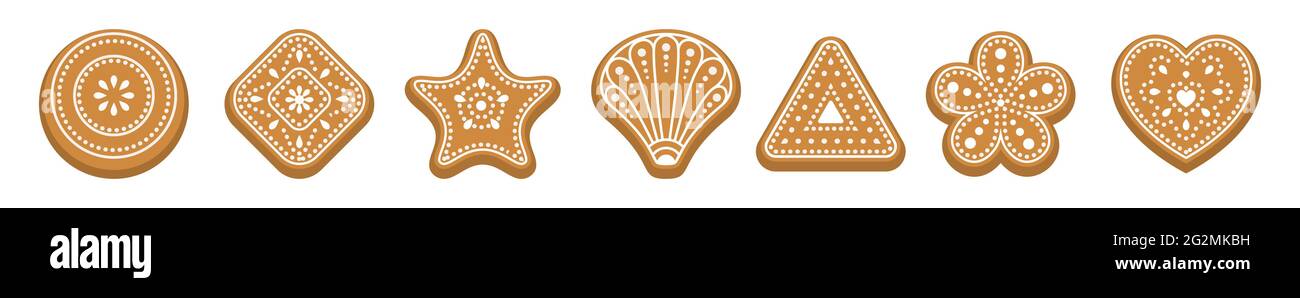 Set di biscotti allo zenzero. Dolci tradizionali di Natale isolati su sfondo bianco. Varie forme, cerchio, stella, cuore, triangolo, fiore. Vettore Illustrazione Vettoriale