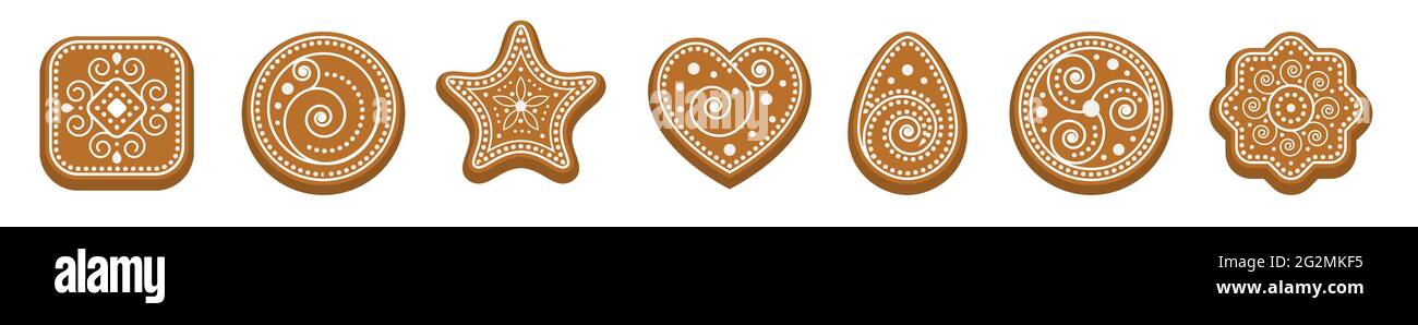 Biscotti al pane allo zenzero con glassa di zucchero bianco. Set di biscotti, varie forme geometriche ornate con motivi astratti. Quadrato, cuore, cerchio, stella Illustrazione Vettoriale