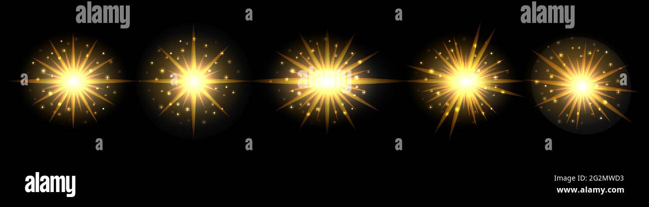 Flash luminoso con effetto oro brillante e scintille scintillanti. Sole dorato brillante. Insieme di elementi su sfondo nero. Illustrazione vettoriale Illustrazione Vettoriale