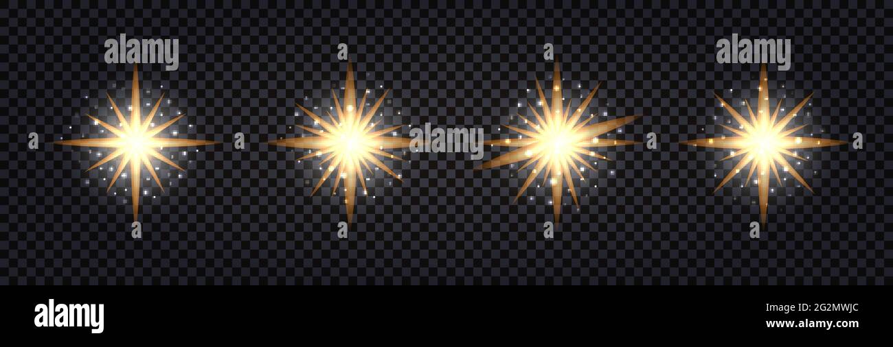 Set di flash luminoso. Oro incandescente, brillantezza brillantante, stelle. Isolato su sfondo trasparente. Illustrazione vettoriale Illustrazione Vettoriale