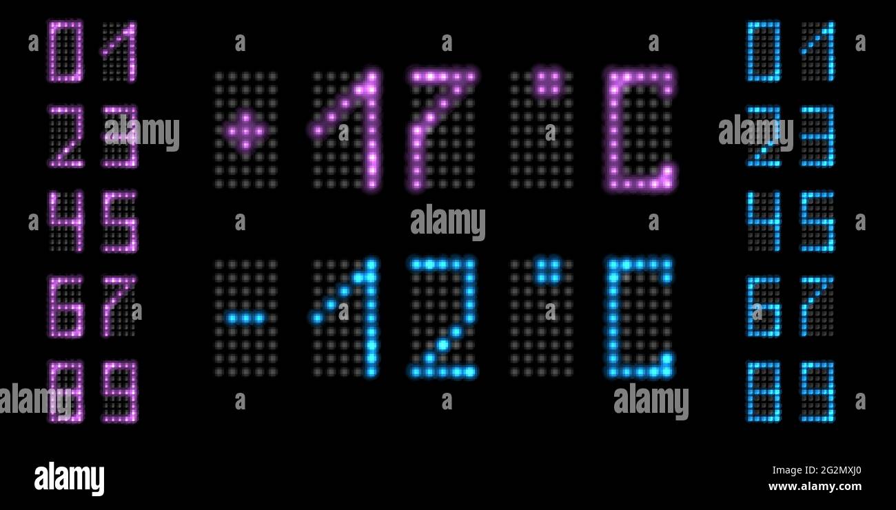 Numeri di luci a LED con bagliore al neon. Pannello digitale della temperatura con numeri viola e blu fluorescenti. Illustrazione vettoriale Illustrazione Vettoriale