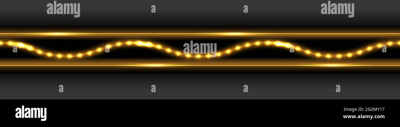 Bordo dorato brillante con effetto di luce al neon. Linee lucide e onda LED con riflessi e lucentezza. Traccia oro su sfondo scuro, elemento di design per l'arredamento Illustrazione Vettoriale