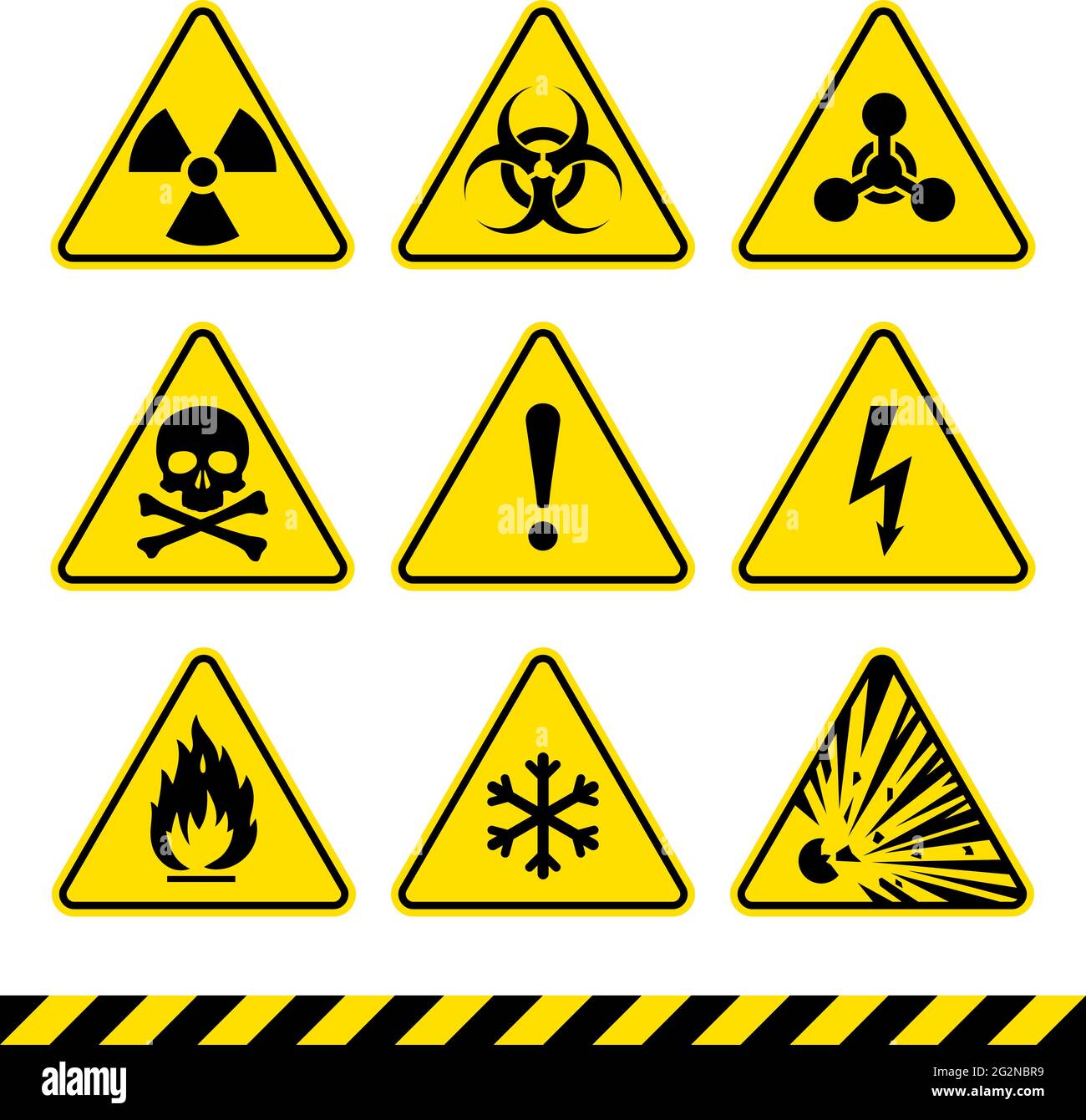 Segnali di avvertimento impostati. Icone di pericolo. Segnale di radiazione. Cartello di rischio biologico. Segno tossico. Simbolo nucleare. Simbolo infiammabile. Segnali di attenzione. Illustrazione Vettoriale