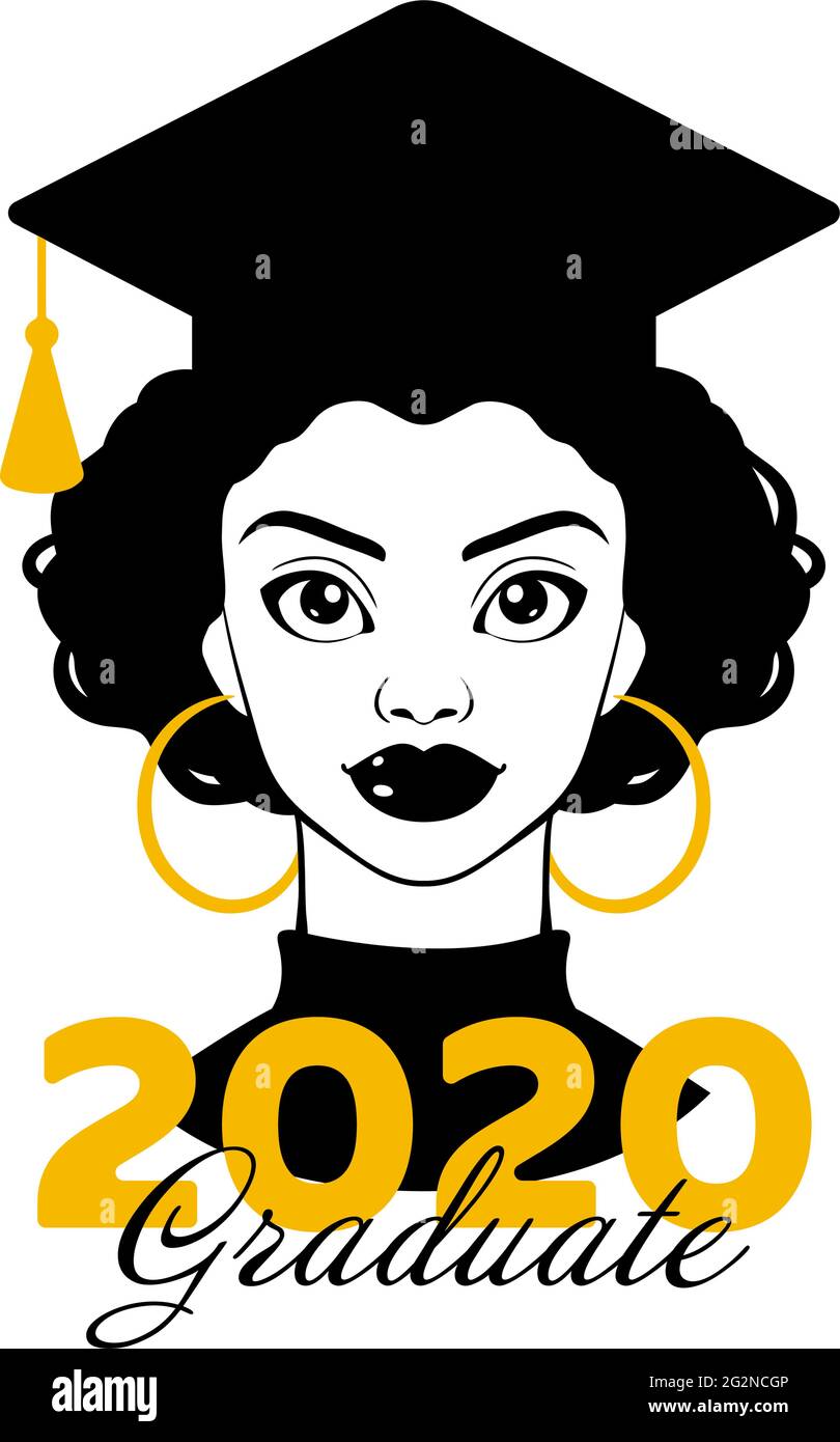 Laureato 2020. Graduazione 2020. Senior 2020. Classe di 2020. Donna nera. Вlack ragazza in un cappello di laurea. Laurea all'università. Laurea di livello superiore. V Illustrazione Vettoriale