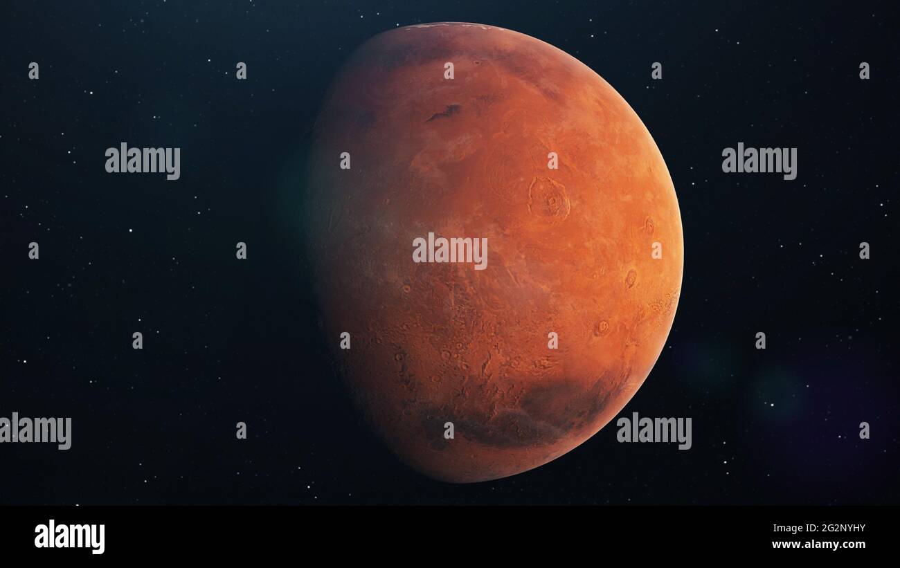 Marte pianeta che gira in spazio aperto sullo sfondo delle stelle. Vista frontale del pianeta Marte dallo spazio con una bella galassia. rendering 3d Foto Stock