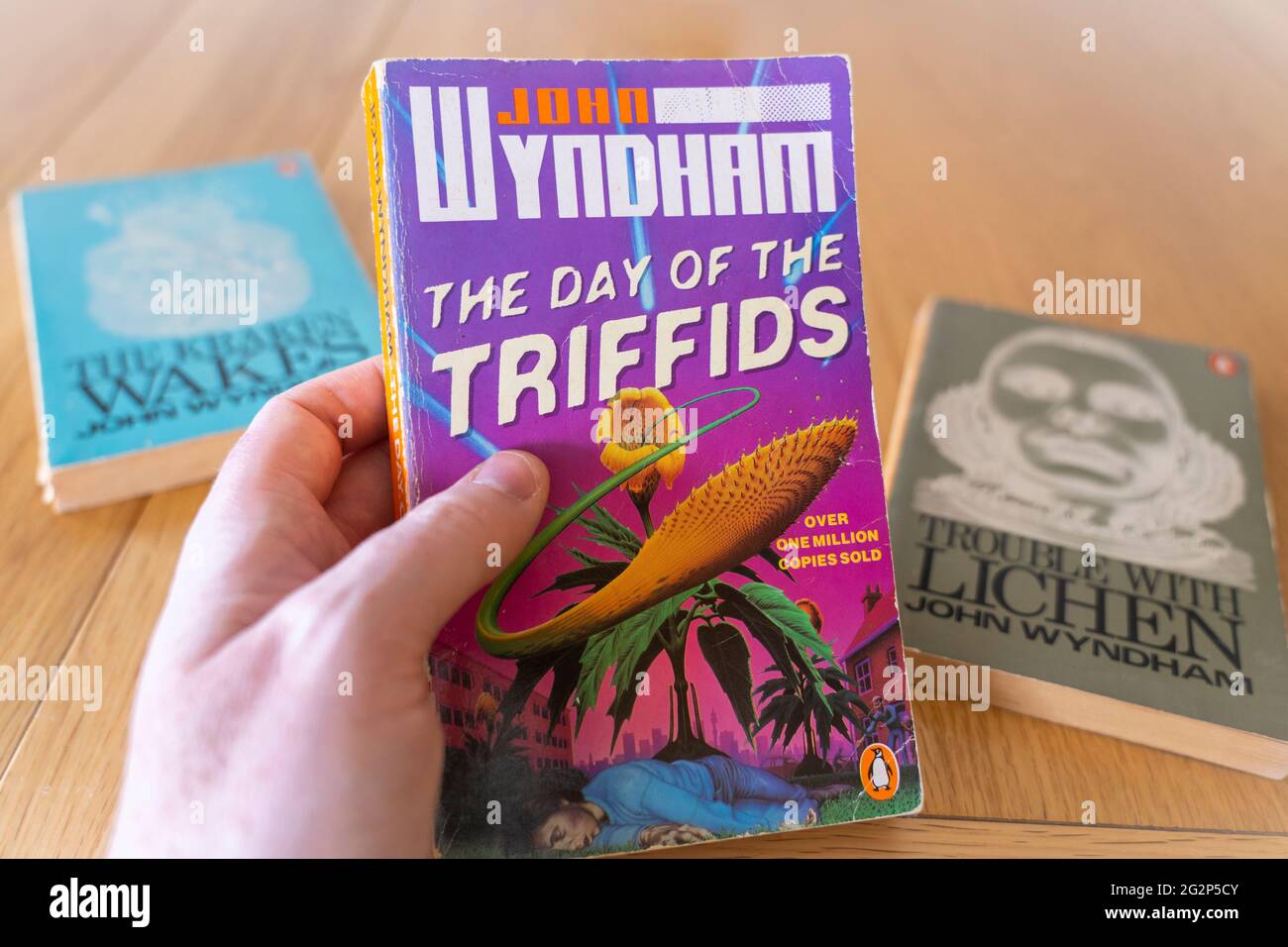 Una mano dell'uomo che tiene un libro cartaceo del giorno dei Triffidi, un romanzo post-apocalittico del 1951 dell'autore inglese di fantascienza John Wyndham Foto Stock
