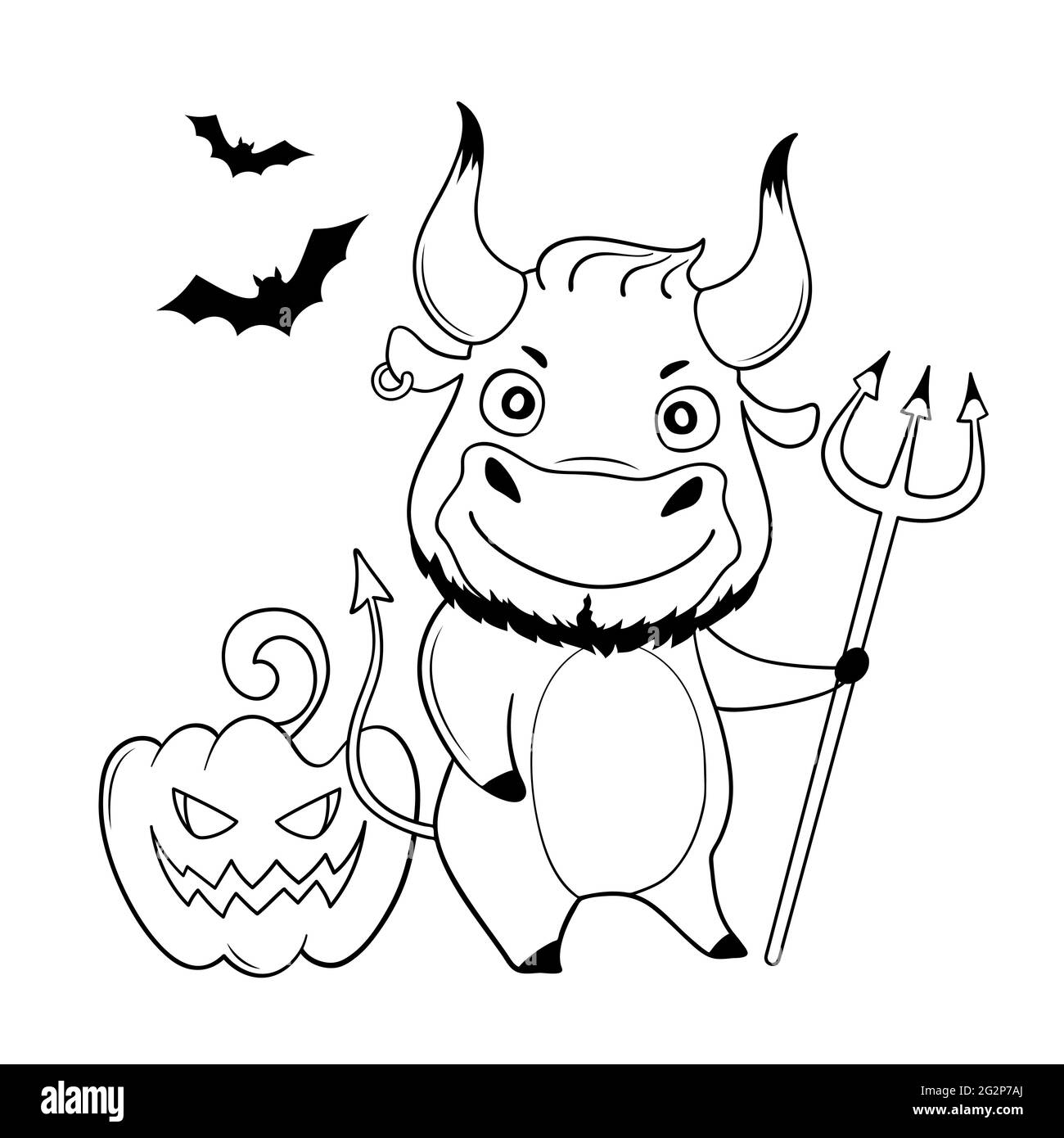Cool bull indossa abiti da Halloween. Cartoon Happy Halloween toro carino con zucca, pipistrelli e tridente. Simbolo di 2021. Illustrazione vettoriale Illustrazione Vettoriale