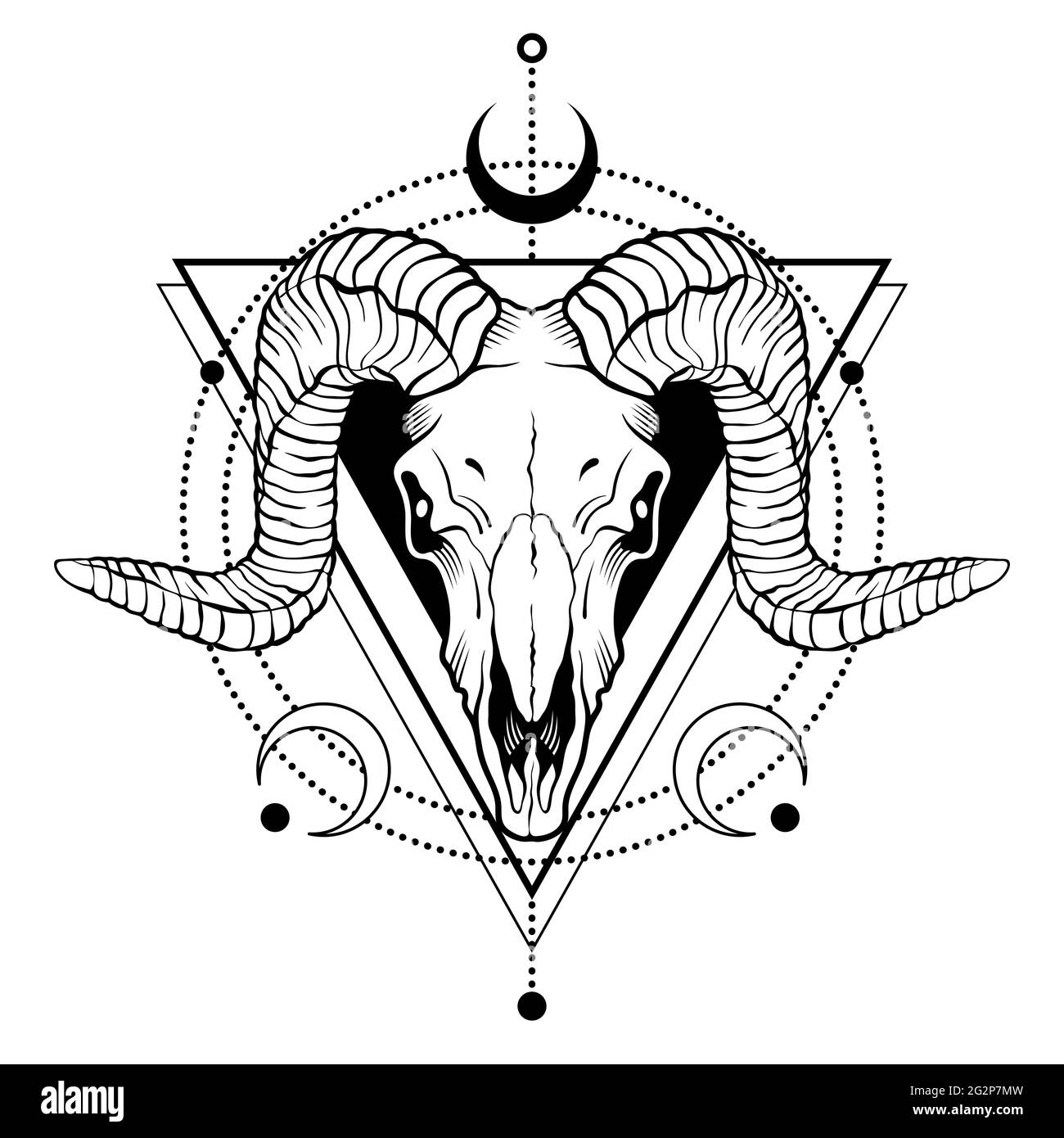 Profilo cranio in RAM con elementi decorativi. Stampa di schizzi o magliette Tatoo. Illustrazione vettoriale isolata su sfondo bianco. Illustrazione Vettoriale