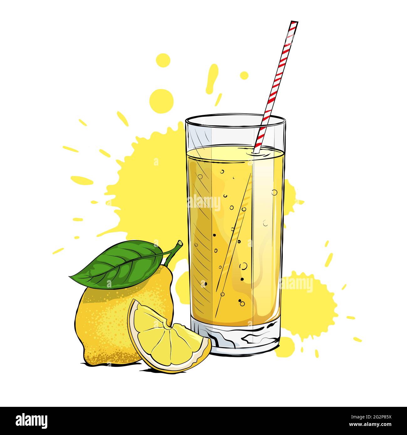 Limonata fresca con un spicchio di limone e una paglia. Illustrazione Vettoriale