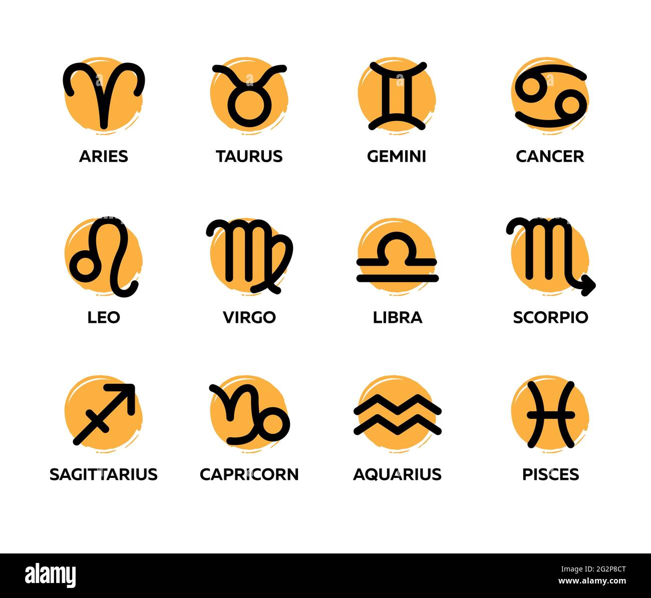 Segni zodiacali con nomi latini. Calendario astrologico, simboli dell'oroscopo. Set di icone vettoriali. Illustrazione Vettoriale