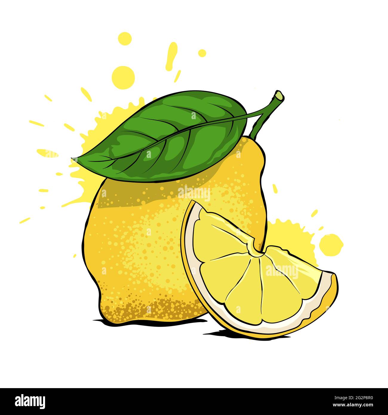 Limone fresco con foglia, fetta di limone. Illustrazione vettoriale disegnata a mano. Illustrazione Vettoriale