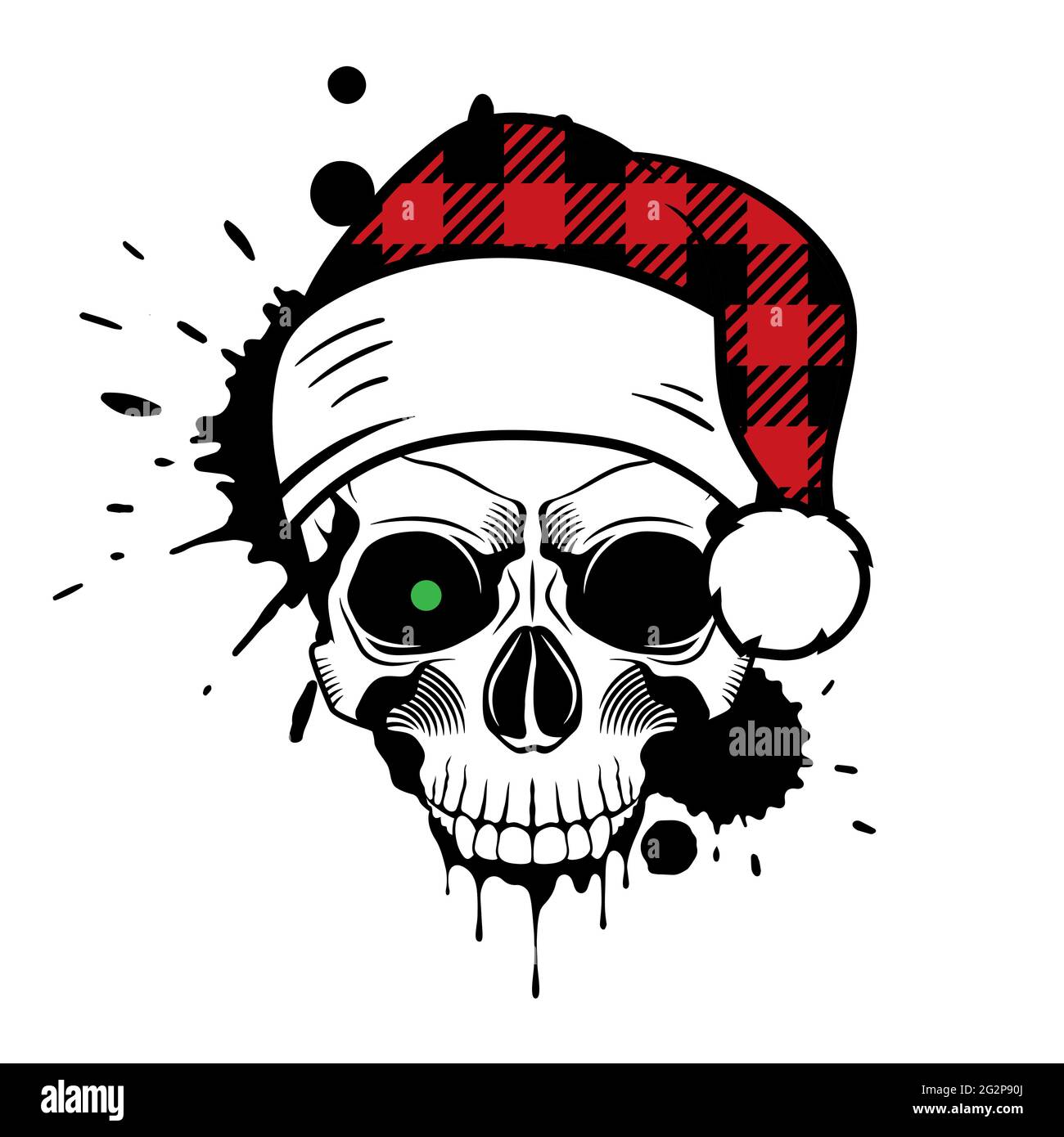 Cranio vettoriale con cappello di Santa. Natale 2020. Schizzi e gocce di vernice. Illustrazione del vettore di grunge. Illustrazione Vettoriale