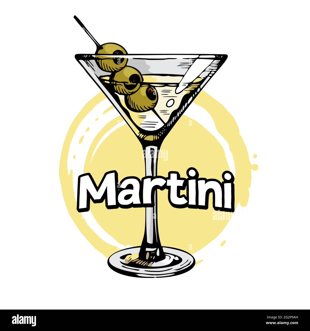 Bicchiere Martini con olive. Cocktail di alcol disegnato a mano, illustrazione vettoriale Illustrazione Vettoriale