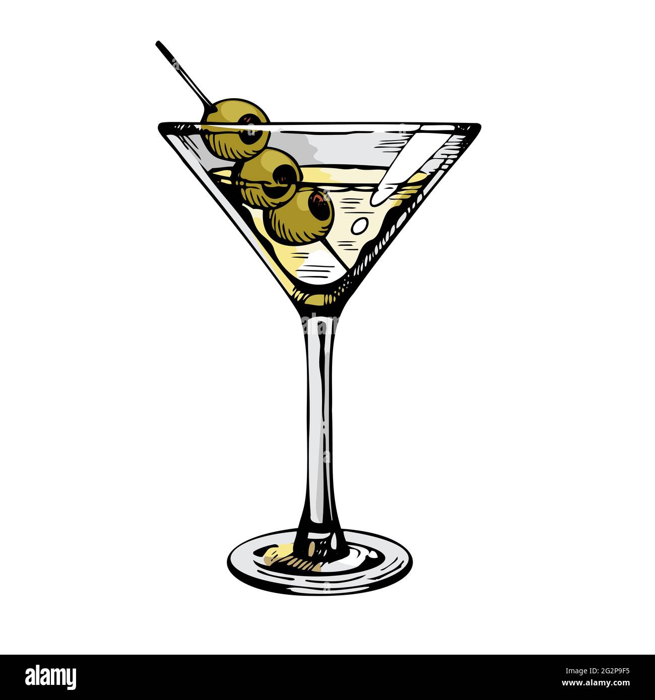 Bicchiere Martini con olive. Cocktail alcolico disegnato a mano, illustrazione vettoriale isolata su bianco. Illustrazione Vettoriale