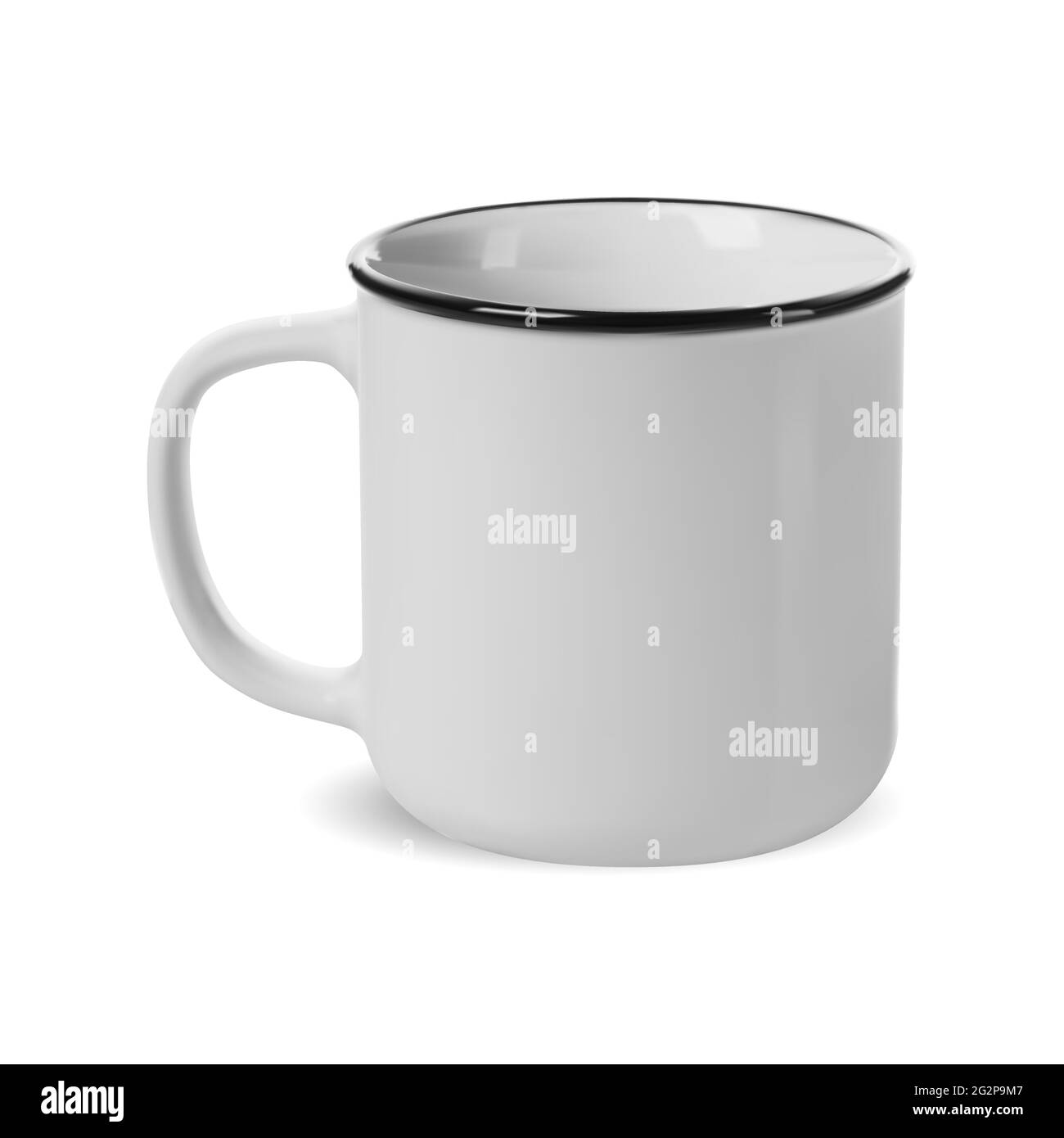Tazza Camp. Modello isolato di mockup di tazza da campeggio in smalto bianco. Teglia da caffè per incisione su crostino. Teacup retrò con manico, enamelware realistico Illustrazione Vettoriale