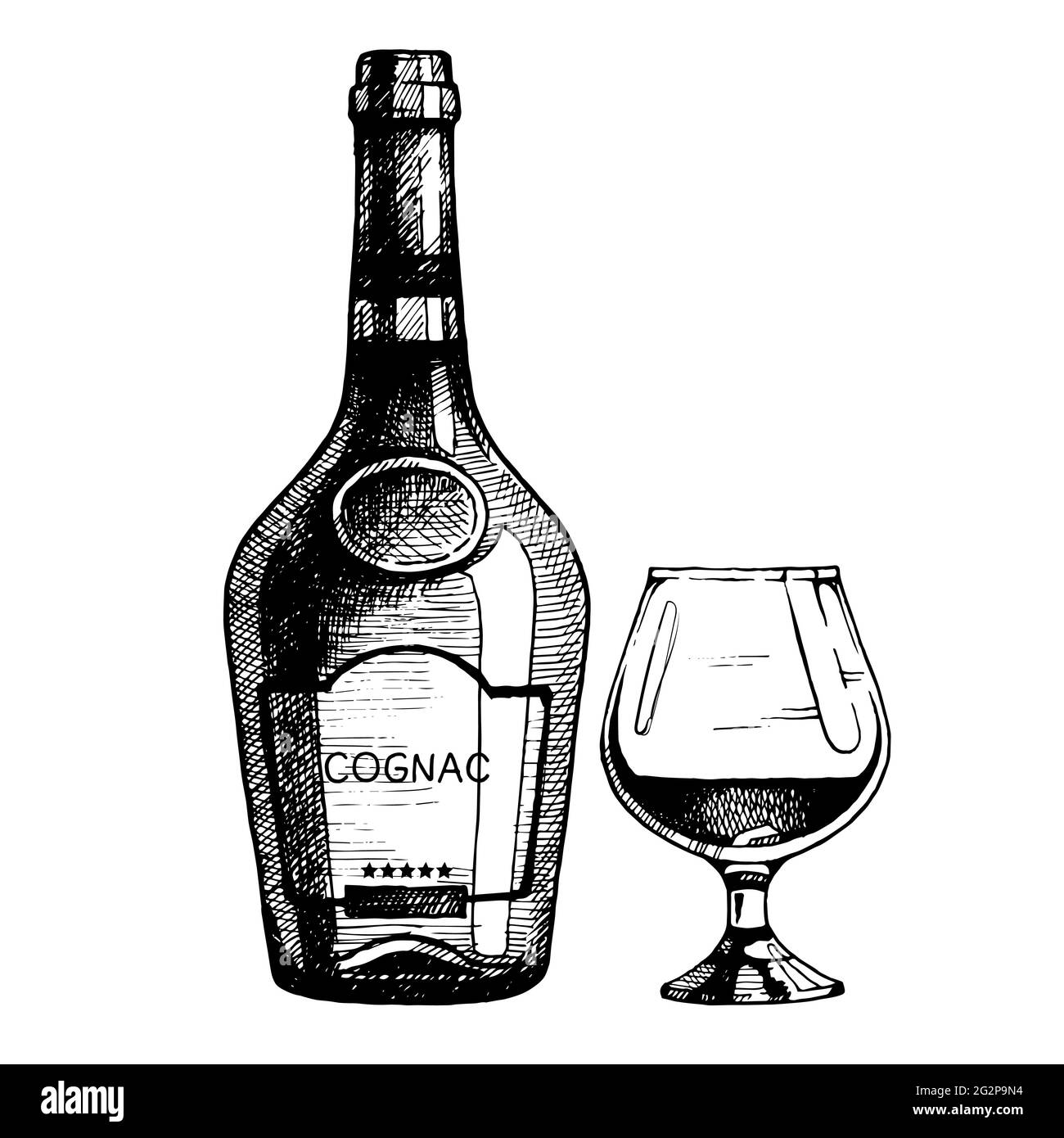 Bottiglia di cognac disegnata a mano con un bicchiere. Illustrazione vettoriale, schizzo dell'inchiostro. Illustrazione Vettoriale
