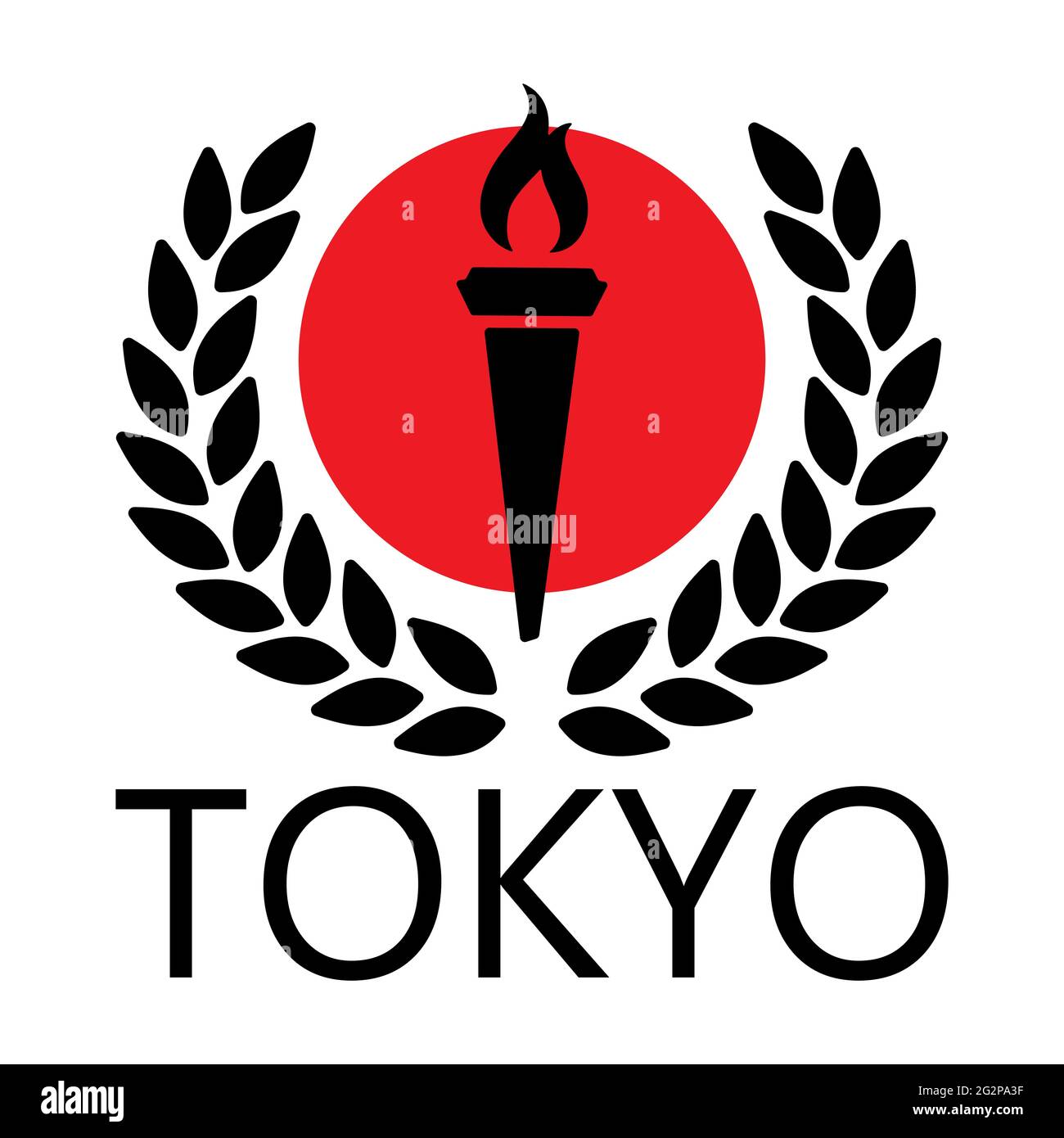 Nero torcia cerchio rosso e corona di alloro nero su sfondo bianco con l'iscrizione Tokyo. Poster creativo Benvenuti in Giappone. Per logo, cartolina, Illustrazione Vettoriale