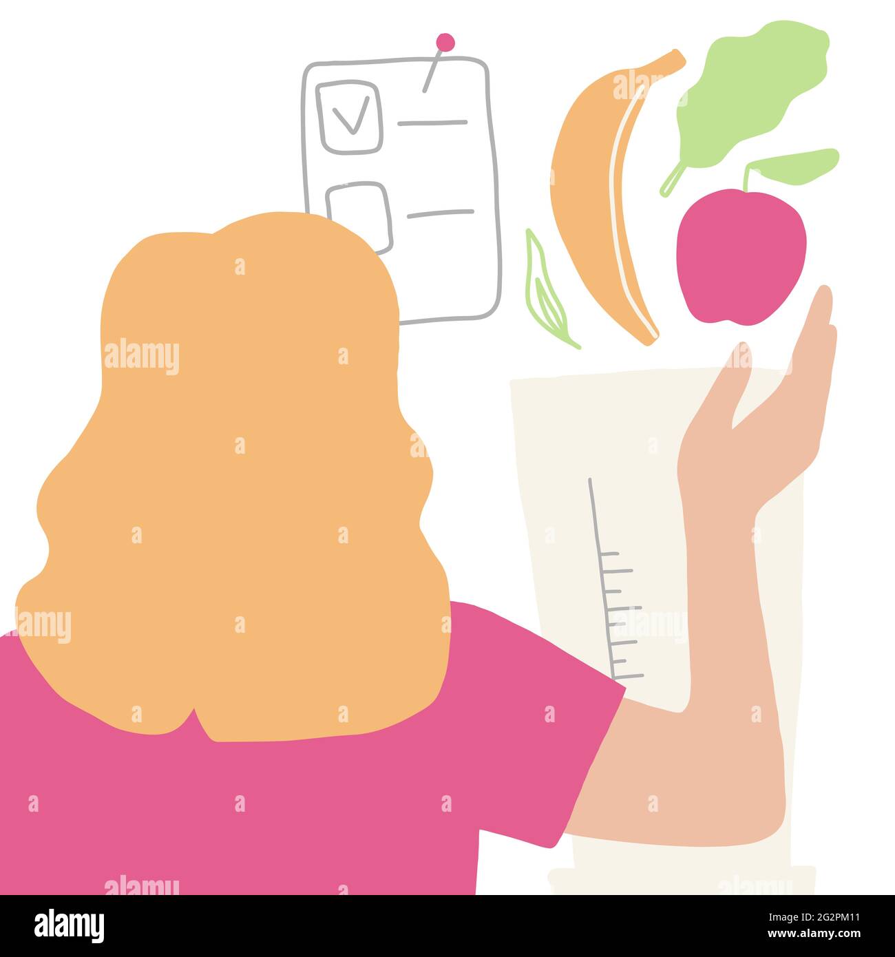 Donna in piedi cuocete i frullati di insalata di banana di mela nel frullatore usando la lista di controllo per la cura di sè. Vegan guarigione vitamina in casa agitare semplice piatto Mult Illustrazione Vettoriale