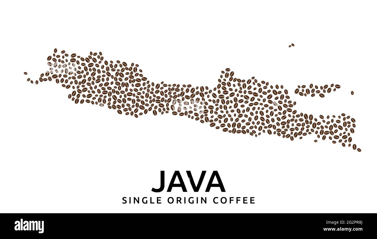Forma della mappa dell'isola Java fatta di chicchi di caffè sparsi, nome qui sotto Illustrazione Vettoriale