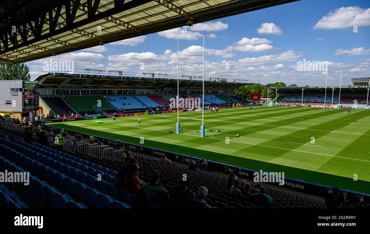 LONDRA, REGNO UNITO. 12 giugno 2021. Una panoramica dello Stoop Stadium durante il Gallagher Premiership Rugby Match tra Harlequins e Newcastle Falcons al Twickenham Stoop Stadium sabato 12 giugno 2021. LONDRA, INGHILTERRA. Credit: Taka G Wu/Alamy Live News Foto Stock