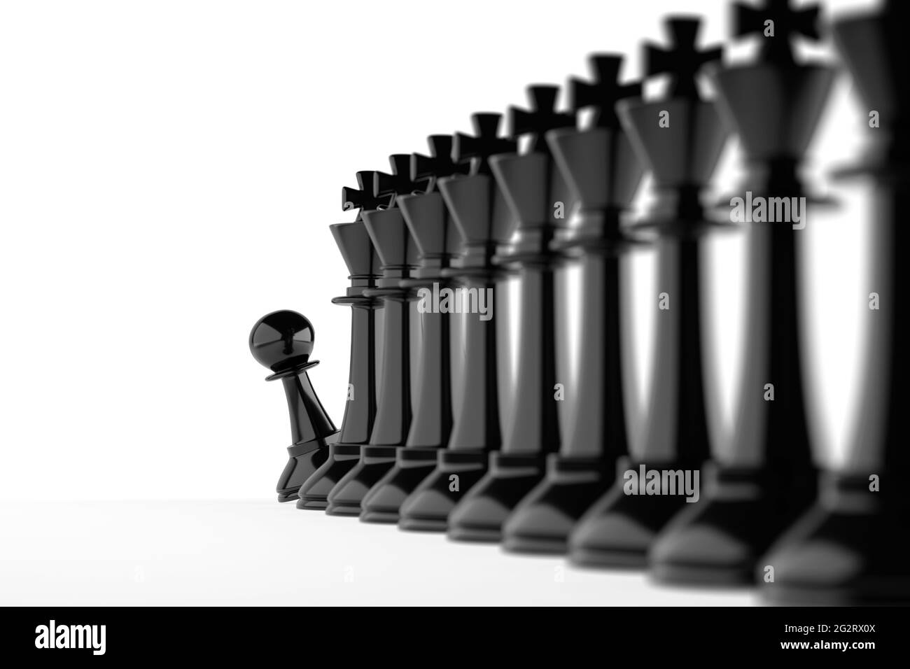 La pedina degli scacchi sbirciata alla fine di una fila di re. Concetto di reclutamento del lavoro. illustrazione 3d. Foto Stock