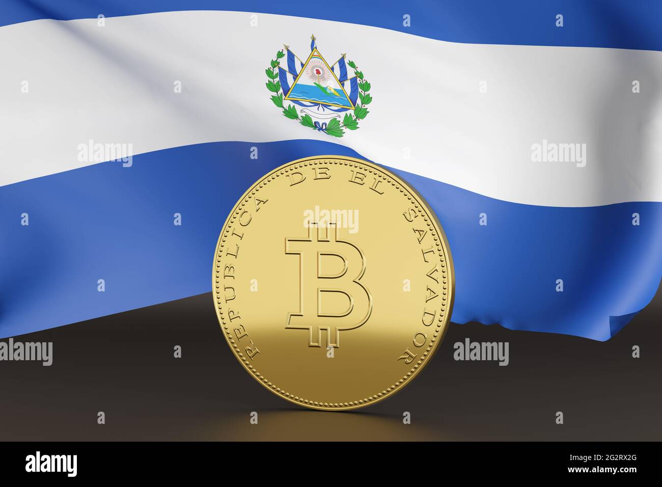 Moneta con il simbolo della moneta bitcoin e il testo 'El Salvador republic' in spagnolo. illustrazione 3d. Foto Stock