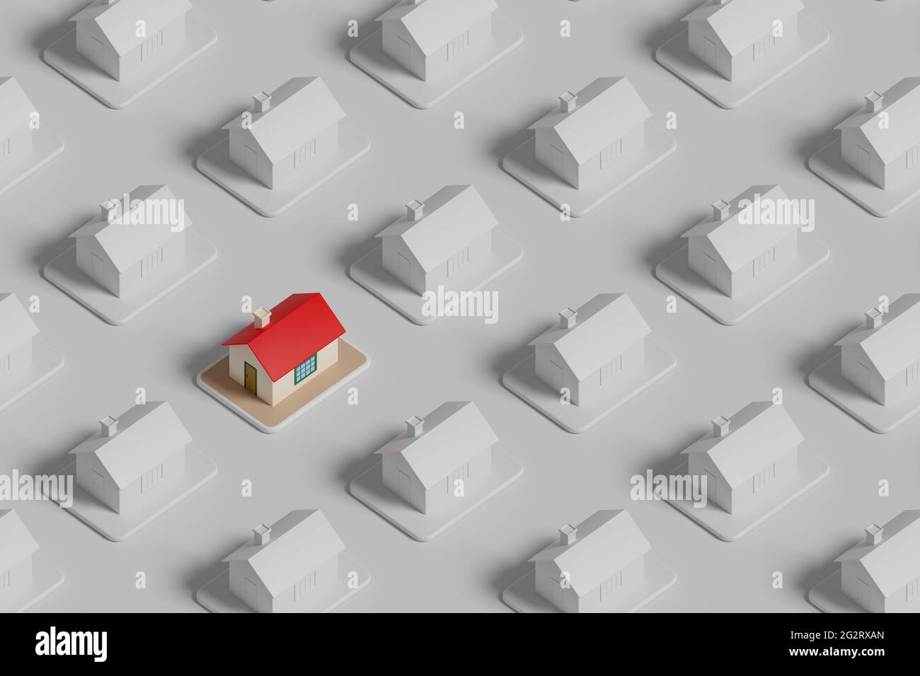 Vista isometrica di una casa colorata tra molte altre case bianche. Concetto di bene immobile. illustrazione 3d. Foto Stock
