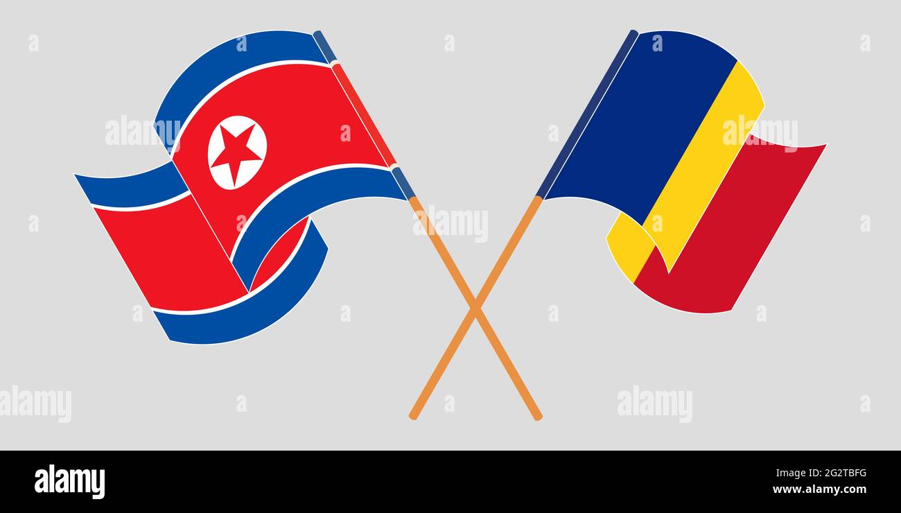 Bandiere incrociate e sventolanti della Corea del Nord e della Romania. Illustrazione vettoriale Illustrazione Vettoriale
