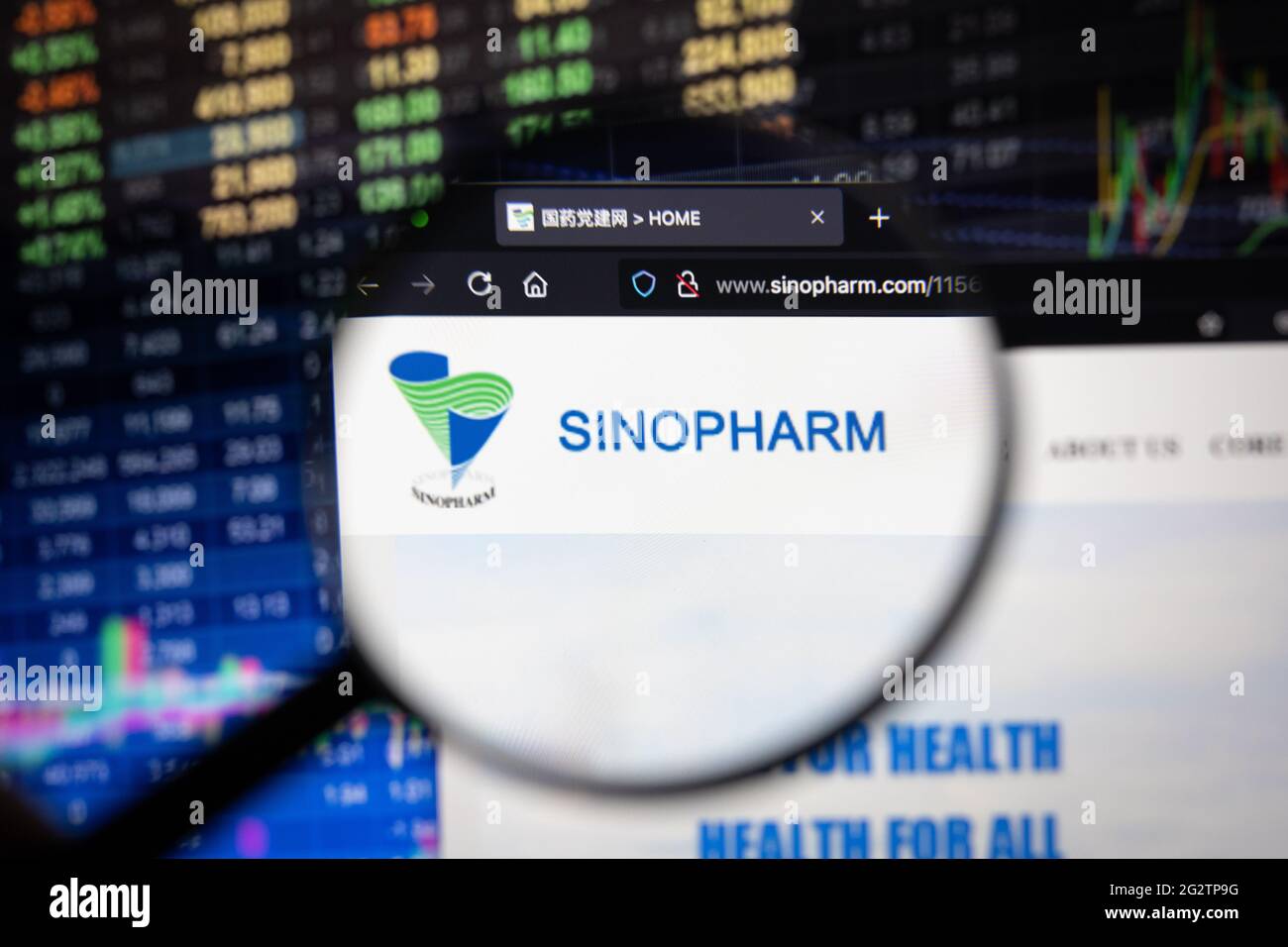 Logo aziendale Sinopharm su un sito web con sviluppi del mercato azionario sfocato in background, visto su uno schermo del computer attraverso una lente di ingrandimento Foto Stock
